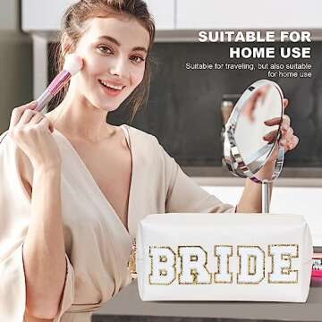 Burskit Makeup Bag BRIDE Gifts Travel Organizer Bag Varsity Letter Cosmetic Toiletry Bag Letter Patches White Makeup PU Bag Bride Clutch Purse Waterproof Portable Zipper Wedding Bridesmaid Gift