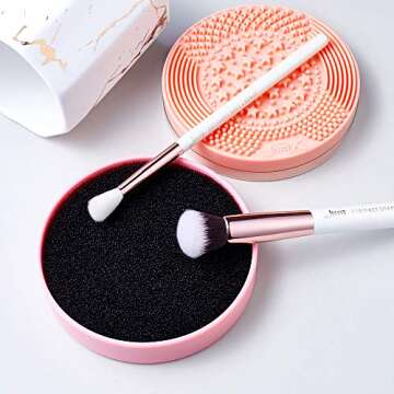 Jessup Makeup Brush Cleaning Mat with Color Removal Sponge, 2 in 1 Silicone Makeup Brush Cleaner (Sachet Pink)