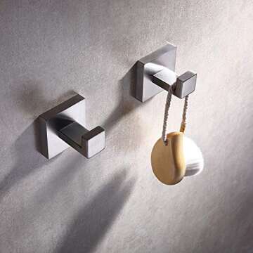 TASTOS Bath Towel Hooks Brushed Nickel, 2 Pack Stainless Steel Robe Coat and Clothes Hook, Heavy Duty Wall Hook for Bathroom & Kitchen, Modern Square Style Wall Mounted (Silver)