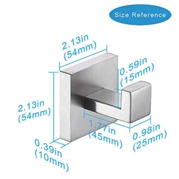 TASTOS Bath Towel Hooks Brushed Nickel, 2 Pack Stainless Steel Robe Coat and Clothes Hook, Heavy Duty Wall Hook for Bathroom & Kitchen, Modern Square Style Wall Mounted (Silver)