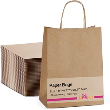 MESHA 50 Pcs Brown Kraft Paper Gift Bags with Handles 8"x4.75"x10.5", Bulk Paper Grocery Shopping Ba...