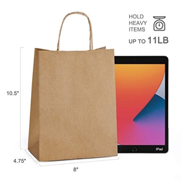 MESHA 50 Pcs Brown Kraft Paper Gift Bags with Handles 8"x4.75"x10.5", Bulk Paper Grocery Shopping Bags, Paper Bags for Party, Wedding, Retail, Business, Boutique