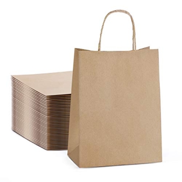 MESHA 50 Pcs Brown Kraft Paper Gift Bags with Handles 8"x4.75"x10.5", Bulk Paper Grocery Shopping Bags, Paper Bags for Party, Wedding, Retail, Business, Boutique