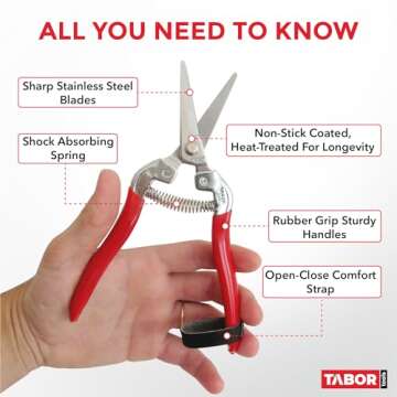 TABOR TOOLS Pruning Shears, Florist Scissors, Multi-Tasking Garden Snips for Arranging Flowers, Trimming Plants and Harvesting Herbs, Fruits or Vegetables. K17A. (Straight, Stainless Steel Blades)