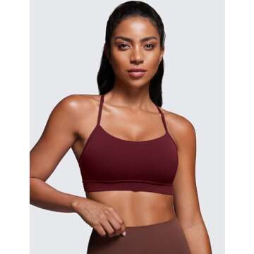 CRZ YOGA Butterluxe Womens Y Back Sports Bra - Padded Racerback Low Impact Spaghetti Thin Strap Workout Yoga Top Red Merlot X-Small