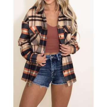 AUTOMET Womens Fall Outfits Fashion Clothes Shackets Flannel Plaid Button Down Long Sleeve Shirts Ja...