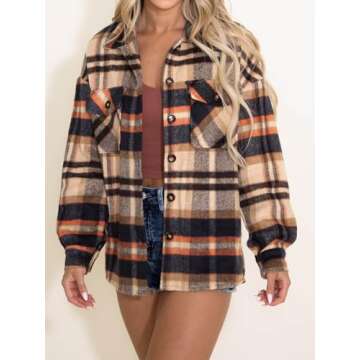 AUTOMET Womens Fall Outfits Fashion Clothes Shackets Flannel Plaid Button Down Long Sleeve Shirts Jackets Orangeblack S