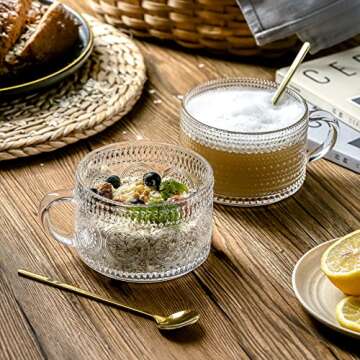 Buaic 6 Pack Vintage Coffee Mugs 14 Oz Overnight Oats Containers Clear Embossed Tea Cups, Glass Coff...