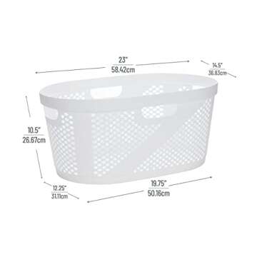 Mind Reader 40L Laundry Basket, Clothes Hamper, Wicker Design, Plastic, 23"L x 14.5"W x 10.5"H, White