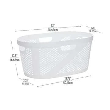 Mind Reader 40L Laundry Basket, Clothes Hamper, Wicker Design, Plastic, 23"L x 14.5"W x 10.5"H, White