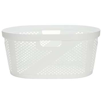 Mind Reader 40L Laundry Basket, Clothes Hamper, Wicker Design, Plastic, 23"L x 14.5"W x 10.5"H, White