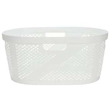 Mind Reader 40L Laundry Basket, Clothes Hamper, Wicker Design, Plastic, 23"L x 14.5"W x 10.5"H, White