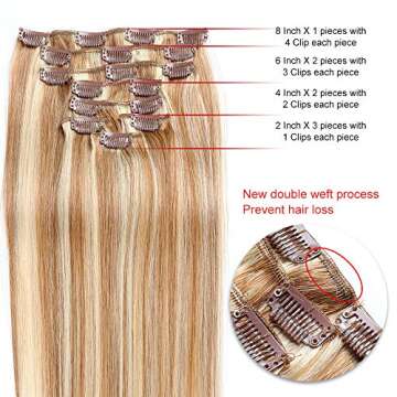 Straight Clip in Human Hair Extensions Full Head Double Weft Brazilian Virgin Hair 8pcs 100g 17Clips (12/613, 100g-14inch)