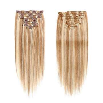 Straight Clip in Human Hair Extensions Full Head Double Weft Brazilian Virgin Hair 8pcs 100g 17Clips (12/613, 100g-14inch)