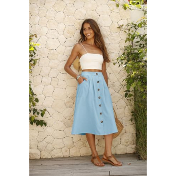 Naggoo Midi Skirt for Women High Waisted Summer Button Weekend Skirt Fashion Clothes Light Blue Medium