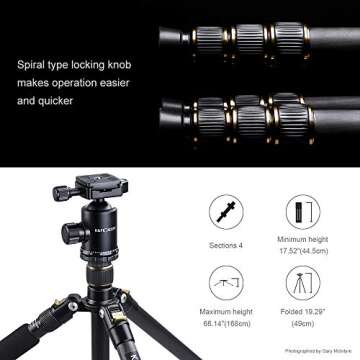 K&F Concept TC2534 66 inch Professional Carbon Fiber Camera Tripod Lightweight Portable with Monopod for DSLR Cameras