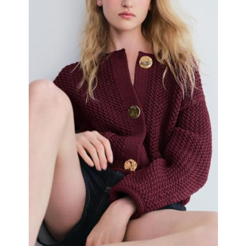 Wyeysyt Womens Cropped Cardigan Sweaters Chunky Knit Gold Button Down Open Front Cardigan Long Sleeve Cropp Crochet Sweaters(DarkRed-M)
