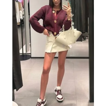 Wyeysyt Womens Cropped Cardigan Sweaters Chunky Knit Gold Button Down Open Front Cardigan Long Sleeve Cropp Crochet Sweaters(DarkRed-M)