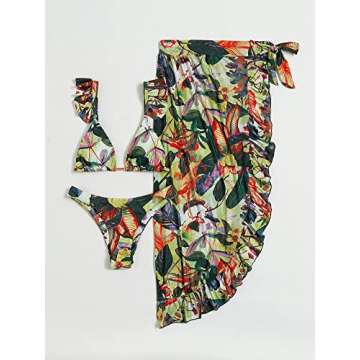 Floerns Women's Swim Summer Beach Tropical Print Bikini Set Ruffle Trim Bra Hipster Bottom and Skirt 3 Piece Set
