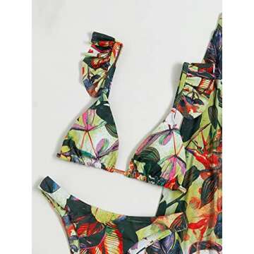 Floerns Women's Swim Summer Beach Tropical Print Bikini Set Ruffle Trim Bra Hipster Bottom and Skirt 3 Piece Set