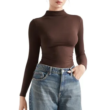 SUUKSESS Women Ribbed Modal Long Sleeve Casual Tops High Neck Going Out Trendy T Shirts (Brown,M)