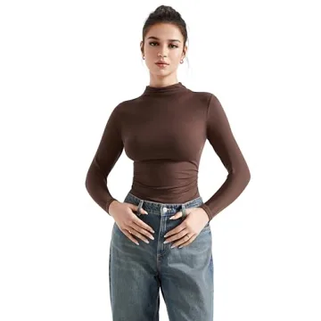 SUUKSESS Women Ribbed Modal Long Sleeve Casual Tops High Neck Going Out Trendy T Shirts (Brown,M)
