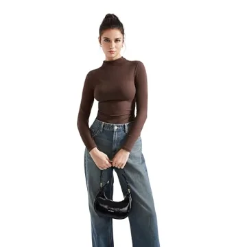 SUUKSESS Women Ribbed Modal Long Sleeve Casual Tops High Neck Going Out Trendy T Shirts (Brown,M)
