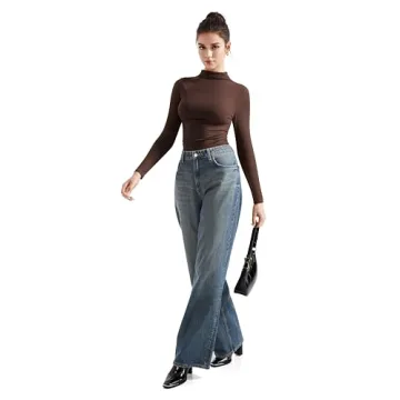 SUUKSESS Women Ribbed Modal Long Sleeve Casual Tops High Neck Going Out Trendy T Shirts (Brown,M)