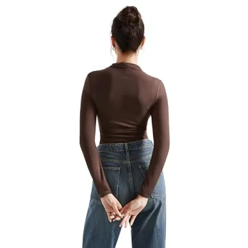 SUUKSESS Women Ribbed Modal Long Sleeve Casual Tops High Neck Going Out Trendy T Shirts (Brown,M)