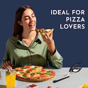 Loftern Pizza Scissors - Non-Stick Pizza Scissors with Firm Grip Base - Food Grade Stainless Steel Pizza Cutter - 5-in-1 Food Slicer & Pizza Server - Durable, Safe & Mess Free
