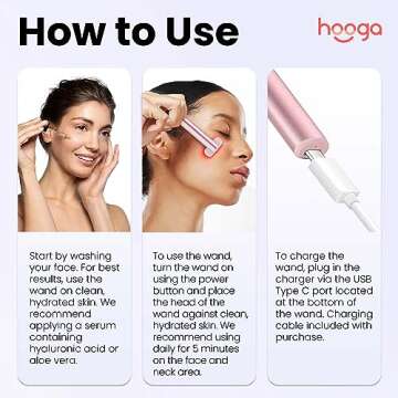 Hooga Facial Wand, Red Light Therapy Wand for Face and Neck with Microcurrent, Heat, and Massage for Anti-Aging, Wrinkles, Beauty, Skin Care. USB Rechargeable.