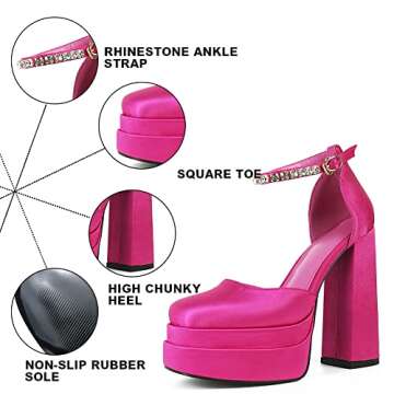 Tscoyuki Women's Platform Chunky Block High Heels Closed Square Toe Rhinestone Ankle Strap Wedding P...