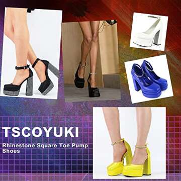 Tscoyuki Women's Platform Chunky Block High Heels Closed Square Toe Rhinestone Ankle Strap Wedding Party Dress Pumps Shoes
