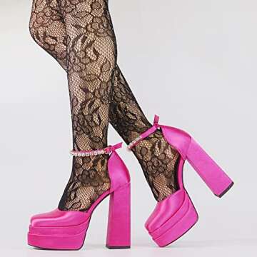 Tscoyuki Women's Platform Chunky Block High Heels Closed Square Toe Rhinestone Ankle Strap Wedding Party Dress Pumps Shoes