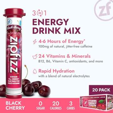 Zipfizz Daily Energy Drink Powder, Black Cherry, 20 Pack | 3-in-1 Sustained Energy, Rapid Hydration,...