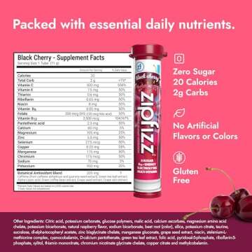 Zipfizz Daily Energy Drink Powder, Black Cherry, 20 Pack | 3-in-1 Sustained Energy, Rapid Hydration, and Essential Vitamins | Sugar-Free | Electrolyte Powder | Contains Vitamin B-12 & Antioxidants