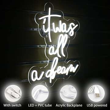 Lucunstar It Was All A Dream Neon Sign,Neon Sign For Room,Neon signs For Wall Decor, LED Signs Bedroom Club Office Hotel Pub Cafe Dream Neon Lights Wedding Birthday Party,Room Decor(White)