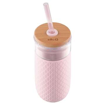 Ello Devon 18oz Glass Tumbler with Straw, Friction Fit Bamboo Wood Lid and Silicone Sleeve | Perfect for Iced Coffee, Tea, and Smoothies | Pink Satin