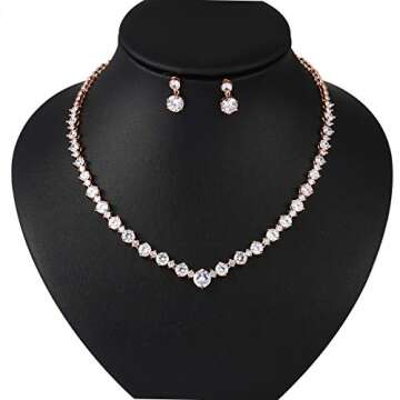 WeimanJewelry White Gold/Gold Plated Women Cubic Zirconia Round Cut CZ Bridal Necklace and Drop Earring Set for Bride Wedding (Rose Gold)