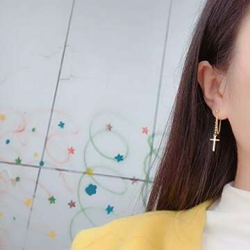 Cross Dangle Drop Earrings 925 Sterling Silver Chain Dropping for Women Men Punk Ball Studs Hypoalle...