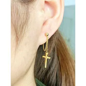 Cross Dangle Drop Earrings 925 Sterling Silver Chain Dropping for Women Men Punk Ball Studs Hypoallergenic Jewelry (Golden)