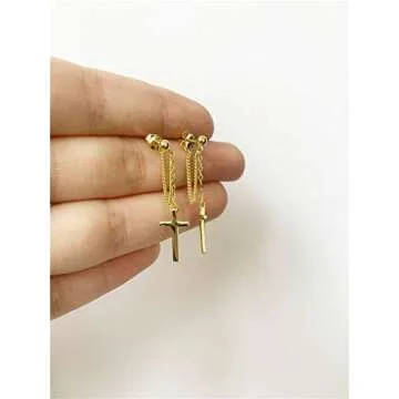 Cross Dangle Drop Earrings 925 Sterling Silver Chain Dropping for Women Men Punk Ball Studs Hypoallergenic Jewelry (Golden)