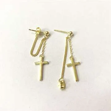 Cross Dangle Drop Earrings 925 Sterling Silver Chain Dropping for Women Men Punk Ball Studs Hypoallergenic Jewelry (Golden)