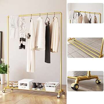 DR.IRON Gold Pipe Clothing Rack Garment Rack with Bottom Shelf Heavy Duty Clothes Rack Hanging Rack ...
