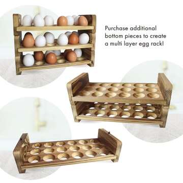 Expandable Stackable Wooden Egg Holder Countertop for 36 Eggs, Rustic Kitchen Decoration, Two-Piece Compact Egg Rack for Counter - Chicken Decor Design - Gui's Chicken Coop (Double Rack)