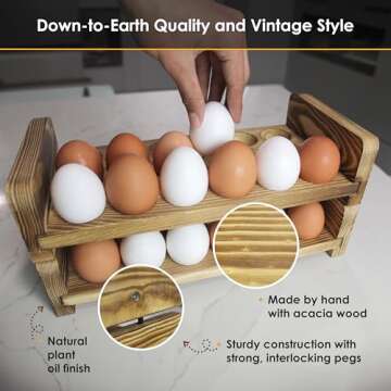 Expandable Stackable Wooden Egg Holder Countertop for 36 Eggs, Rustic Kitchen Decoration, Two-Piece Compact Egg Rack for Counter - Chicken Decor Design - Gui's Chicken Coop (Double Rack)