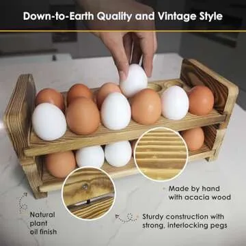Expandable Stackable Wooden Egg Holder Countertop for 36 Eggs, Rustic Kitchen Decoration, Two-Piece Compact Egg Rack for Counter - Chicken Decor Design - Gui's Chicken Coop (Double Rack)
