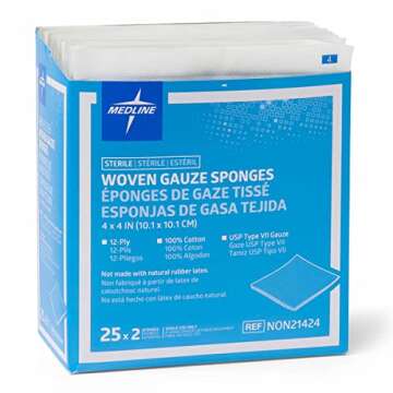 Medline Woven Gauze Sponges, Sterile, 12-Ply, 4 x 4 Inches, Box of 50