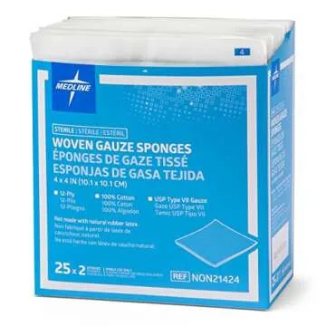 Medline Woven Gauze Sponges, Sterile, 12-Ply, 4 x 4 Inches, Box of 50
