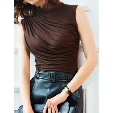 Avanova Women's Sleeveless Mock Turtleneck Tank Top Fitted Ruched Shirt Blouses Brown Tt Large